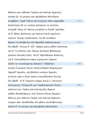 Ἐπιμέλεια κειμένου Ἰωάννης Καραδημητρόπουλος σελίς 4
ἄλλους μὲν κάθισον Τρῶας καὶ πάντας Ἀχαιούς,
αὐτὰρ ἔμ’ ἐν μέσσῳ καὶ ἀρηΐφιλον Μενέλαον
συμβάλετ’ ἀμφ’ Ἑλένῃ καὶ κτήμασι πᾶσι μάχεσθαι· Γ 70
ὁππότερος δέ κε νικήσῃ κρείσσων τε γένηται,
κτήμαθ’ ἑλὼν εὖ πάντα γυναῖκά τε οἴκαδ’ ἀγέσθω·
οἳ δ’ ἄλλοι φιλότητα καὶ ὅρκια πιστὰ ταμόντες
ναίοιτε Τροίην ἐριβώλακα, τοὶ δὲ νεέσθων
Ἄργος ἐς ἱππόβοτον καὶ Ἀχαιΐδα καλλιγύναικα. Γ 75
Ὣς ἔφαθ’, Ἕκτωρ δ’ αὖτ’ ἐχάρη μέγα μῦθον ἀκούσας,
καί ῥ’ ἐς μέσσον ἰὼν Τρώων ἀνέεργε φάλαγγας
μέσσου δουρὸς ἑλών· τοὶ δ’ ἱδρύνθησαν ἅπαντες.
τῷ δ’ ἐπετοξάζοντο κάρη κομόωντες Ἀχαιοὶ
ἰοῖσίν τε τιτυσκόμενοι λάεσσί τ’ ἔβαλλον· Γ 80
αὐτὰρ ὃ μακρὸν ἄϋσεν ἄναξ ἀνδρῶν Ἀγαμέμνων·
ἴσχεσθ’ Ἀργεῖοι, μὴ βάλλετε κοῦροι Ἀχαιῶν·
στεῦται γάρ τι ἔπος ἐρέειν κορυθαίολος Ἕκτωρ.
Ὣς ἔφαθ’, οἳ δ’ ἔσχοντο μάχης ἄνεῴ τ’ ἐγένοντο
ἐσσυμένως· Ἕκτωρ δὲ μετ’ ἀμφοτέροισιν ἔειπε· Γ 85
κέκλυτέ μευ Τρῶες καὶ ἐϋκνήμιδες Ἀχαιοὶ
μῦθον Ἀλεξάνδροιο, τοῦ εἵνεκα νεῖκος ὄρωρεν.
ἄλλους μὲν κέλεται Τρῶας καὶ πάντας Ἀχαιοὺς
τεύχεα κάλ’ ἀποθέσθαι ἐπὶ χθονὶ πουλυβοτείρῃ,
αὐτὸν δ’ ἐν μέσσῳ καὶ ἀρηΐφιλον Μενέλαον Γ 90
 
