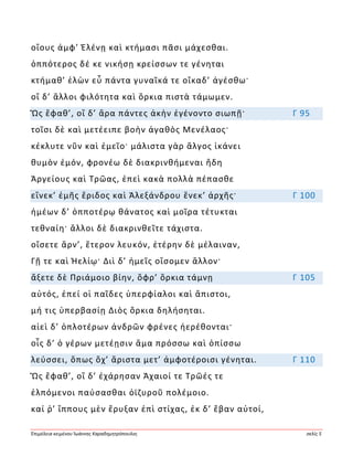 Ἐπιμέλεια κειμένου Ἰωάννης Καραδημητρόπουλος σελίς 5
οἴους ἀμφ’ Ἑλένῃ καὶ κτήμασι πᾶσι μάχεσθαι.
ὁππότερος δέ κε νικήσῃ κρείσσων τε γένηται
κτήμαθ’ ἑλὼν εὖ πάντα γυναῖκά τε οἴκαδ’ ἀγέσθω·
οἳ δ’ ἄλλοι φιλότητα καὶ ὅρκια πιστὰ τάμωμεν.
Ὣς ἔφαθ’, οἳ δ’ ἄρα πάντες ἀκὴν ἐγένοντο σιωπῇ· Γ 95
τοῖσι δὲ καὶ μετέειπε βοὴν ἀγαθὸς Μενέλαος·
κέκλυτε νῦν καὶ ἐμεῖο· μάλιστα γὰρ ἄλγος ἱκάνει
θυμὸν ἐμόν, φρονέω δὲ διακρινθήμεναι ἤδη
Ἀργείους καὶ Τρῶας, ἐπεὶ κακὰ πολλὰ πέπασθε
εἵνεκ’ ἐμῆς ἔριδος καὶ Ἀλεξάνδρου ἕνεκ’ ἀρχῆς· Γ 100
ἡμέων δ’ ὁπποτέρῳ θάνατος καὶ μοῖρα τέτυκται
τεθναίη· ἄλλοι δὲ διακρινθεῖτε τάχιστα.
οἴσετε ἄρν’, ἕτερον λευκόν, ἑτέρην δὲ μέλαιναν,
Γῇ τε καὶ Ἠελίῳ· Διὶ δ’ ἡμεῖς οἴσομεν ἄλλον·
ἄξετε δὲ Πριάμοιο βίην, ὄφρ’ ὅρκια τάμνῃ Γ 105
αὐτός, ἐπεί οἱ παῖδες ὑπερφίαλοι καὶ ἄπιστοι,
μή τις ὑπερβασίῃ Διὸς ὅρκια δηλήσηται.
αἰεὶ δ’ ὁπλοτέρων ἀνδρῶν φρένες ἠερέθονται·
οἷς δ’ ὁ γέρων μετέῃσιν ἅμα πρόσσω καὶ ὀπίσσω
λεύσσει, ὅπως ὄχ’ ἄριστα μετ’ ἀμφοτέροισι γένηται. Γ 110
Ὣς ἔφαθ’, οἳ δ’ ἐχάρησαν Ἀχαιοί τε Τρῶές τε
ἐλπόμενοι παύσασθαι ὀϊζυροῦ πολέμοιο.
καί ῥ’ ἵππους μὲν ἔρυξαν ἐπὶ στίχας, ἐκ δ’ ἔβαν αὐτοί,
 