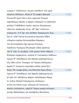 Ἐπιμέλεια κειμένου Ἰωάννης Καραδημητρόπουλος σελίς 6
τεύχεά τ’ ἐξεδύοντο· τὰ μὲν κατέθεντ’ ἐπὶ γαίῃ
πλησίον ἀλλήλων, ὀλίγη δ’ ἦν ἀμφὶς ἄρουρα· Γ 115
Ἕκτωρ δὲ προτὶ ἄστυ δύω κήρυκας ἔπεμπε
καρπαλίμως ἄρνάς τε φέρειν Πρίαμόν τε καλέσσαι·
αὐτὰρ ὃ Ταλθύβιον προΐει κρείων Ἀγαμέμνων
νῆας ἔπι γλαφυρὰς ἰέναι, ἠδ’ ἄρν’ ἐκέλευεν
οἰσέμεναι· ὃ δ’ ἄρ’ οὐκ ἀπίθησ’ Ἀγαμέμνονι δίῳ. Γ 120
Ἶρις δ’ αὖθ’ Ἑλένῃ λευκωλένῳ ἄγγελος ἦλθεν
εἰδομένη γαλόῳ Ἀντηνορίδαο δάμαρτι,
τὴν Ἀντηνορίδης εἶχε κρείων Ἑλικάων
Λαοδίκην Πριάμοιο θυγατρῶν εἶδος ἀρίστην.
τὴν δ’ εὗρ’ ἐν μεγάρῳ· ἣ δὲ μέγαν ἱστὸν ὕφαινε Γ 125
δίπλακα πορφυρέην, πολέας δ’ ἐνέπασσεν ἀέθλους
Τρώων θ’ ἱπποδάμων καὶ Ἀχαιῶν χαλκοχιτώνων,
οὕς ἑθεν εἵνεκ’ ἔπασχον ὑπ’ Ἄρηος παλαμάων·
ἀγχοῦ δ’ ἱσταμένη προσέφη πόδας ὠκέα Ἶρις·
δεῦρ’ ἴθι νύμφα φίλη, ἵνα θέσκελα ἔργα ἴδηαι Γ 130
Τρώων θ’ ἱπποδάμων καὶ Ἀχαιῶν χαλκοχιτώνων,
οἳ πρὶν ἐπ’ ἀλλήλοισι φέρον πολύδακρυν Ἄρηα
ἐν πεδίῳ ὀλοοῖο λιλαιόμενοι πολέμοιο·
οἳ δὴ νῦν ἕαται σιγῇ, πόλεμος δὲ πέπαυται,
ἀσπίσι κεκλιμένοι, παρὰ δ’ ἔγχεα μακρὰ πέπηγεν. Γ 135
αὐτὰρ Ἀλέξανδρος καὶ ἀρηΐφιλος Μενέλαος
 