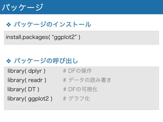 パッケージ
❖ パッケージのインストール
❖ パッケージの呼び出し
library( dplyr ) # DFの操作
library( readr ) # データの読み書き
library( DT ) # DFの可視化
library( ggplot2 ) # グラフ化
install.packages( ggplot2 )
 