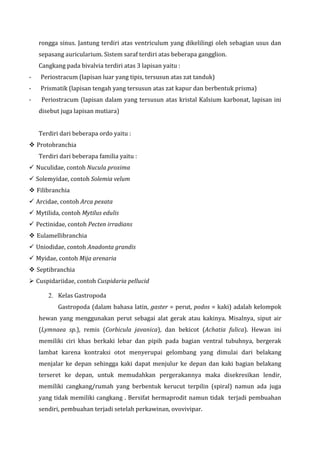 rongga sinus. Jantung terdiri atas ventriculum yang dikelilingi oleh sebagian usus dan
sepasang auricularium. Sistem saraf terdiri atas beberapa gangglion.
Cangkang pada bivalvia terdiri atas 3 lapisan yaitu :
- Periostracum (lapisan luar yang tipis, tersusun atas zat tanduk)
- Prismatik (lapisan tengah yang tersusun atas zat kapur dan berbentuk prisma)
- Periostracum (lapisan dalam yang tersusun atas kristal Kalsium karbonat, lapisan ini
disebut juga lapisan mutiara)
Terdiri dari beberapa ordo yaitu :
 Protobranchia
Terdiri dari beberapa familia yaitu :
 Nuculidae, contoh Nucula proxima
 Solemyidae, contoh Solemia velum
 Filibranchia
 Arcidae, contoh Arca pexata
 Mytilida, contoh Mytilus edulis
 Pectinidae, contoh Pecten irradians
 Eulamellibranchia
 Uniodidae, contoh Anadonta grandis
 Myidae, contoh Mija arenaria
 Septibranchia
 Cuspidariidae, contoh Cuspidaria pellucid
2. Kelas Gastropoda
Gastropoda (dalam bahasa latin, gaster = perut, podos = kaki) adalah kelompok
hewan yang menggunakan perut sebagai alat gerak atau kakinya. Misalnya, siput air
(Lymnaea sp.), remis (Corbicula javanica), dan bekicot (Achatia fulica). Hewan ini
memiliki ciri khas berkaki lebar dan pipih pada bagian ventral tubuhnya, bergerak
lambat karena kontraksi otot menyerupai gelombang yang dimulai dari belakang
menjalar ke depan sehingga kaki dapat menjulur ke depan dan kaki bagian belakang
terseret ke depan, untuk memudahkan pergerakannya maka disekresikan lendir,
memiliki cangkang/rumah yang berbentuk kerucut terpilin (spiral) namun ada juga
yang tidak memiliki cangkang . Bersifat hermaprodit namun tidak terjadi pembuahan
sendiri, pembuahan terjadi setelah perkawinan, ovovivipar.
 