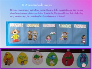 Elegimos en consenso, y teniendo en cuenta el horario de los especialistas, qué días vamos a
situar las actividades más representativas de cada día. El responsable, nos dirá a todos: hoy
es… y hacemos… ayer fue… y mañana fue… (nos situamos en el tiempo).
8. Organización de tiempos
 