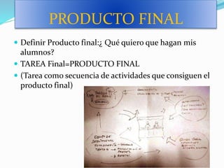 PRODUCTO FINAL
 Definir Producto final:¿ Qué quiero que hagan mis
alumnos?
 TAREA Final=PRODUCTO FINAL
 (Tarea como secuencia de actividades que consiguen el
producto final)
 