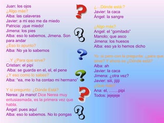 Juan: los ojos
¿Algo más?
Alba: las calaveras
Javier: a mi eso me da miedo
Patricia: ¡que miedo!
Jimena: los pies
Alba: eso lo sabemos, Jimena. Son
para andar
¿Eso lo apunto?
Alba: No ya lo sabemos
…Y ¿Para que sirve?
Cristian: el pipí
Alba: se guarda en el, el, el pene
¿Y eso como lo sabes?
Alba: “ea, me lo ha contao mi hermano”
Y si pregunto: ¿Dónde Está?
Nerea: ¡la mano! Dice Nerea muy
entusiasmada, es la primera vez que
habla.
Ángel: pues aquí
Alba: eso lo sabemos. No lo pongas
¿…Dónde está:?
Javier: la caca
Ángel: la sangre
¿Algo más?
Angel: el “gomitado”
Manolo; que asco
Jimena: los huesos
Alba: eso ya lo hemos dicho
Yo :si pero con la pregunta: ¿para que
sirve? Y ahora es ¿Dónde está?
Alba: ah
Javier: la caca
Jimena: ¿otra vez?
Javier: siii, jijiji
¿Que más?
Ana: el, …….pipi
Todos: jejejeje
 