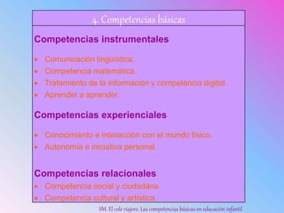 4. Competencias básicas
Competencias instrumentales
 Comunicación lingüística.
 Competencia matemática.
 Tratamiento de la información y competencia digital.
 Aprender a aprender.
Competencias experienciales
 Conocimiento e interacción con el mundo físico.
 Autonomía e iniciativa personal.
Competencias relacionales
 Competencia social y ciudadana.
 Competencia cultural y artística.
SM. El cole viajero. Las competencias básicas en educación infantil
 