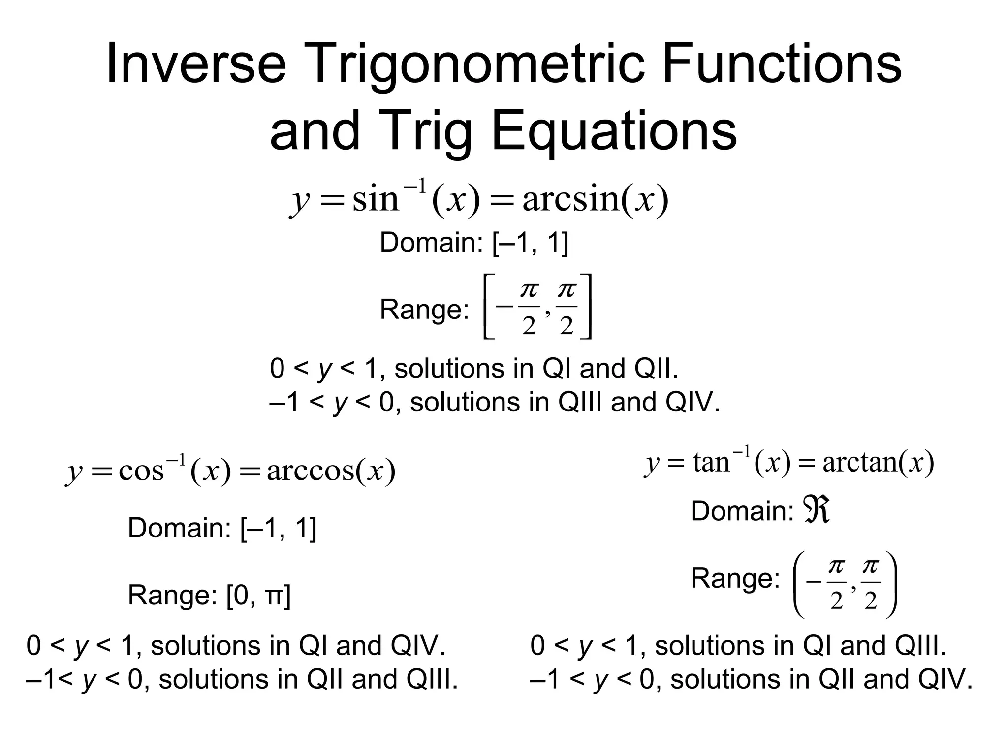 Inverse Trigonometric Functions
and Trig Equations
)arctan()(tan 1
xxy == −
)arcsin()(sin 1
xxy == −
)arccos()(cos 1
xxy == −




−
2
,
2
ππ
Domain: [–1, 1]
Range:
0 < y < 1, solutions in QI and QII.
–1 < y < 0, solutions in QIII and QIV.
Domain: [–1, 1]
Range: [0, π]
0 < y < 1, solutions in QI and QIV.
–1< y < 0, solutions in QII and QIII.






−
2
,
2
ππ
Domain:
Range:
0 < y < 1, solutions in QI and QIII.
–1 < y < 0, solutions in QII and QIV.
ℜ
 