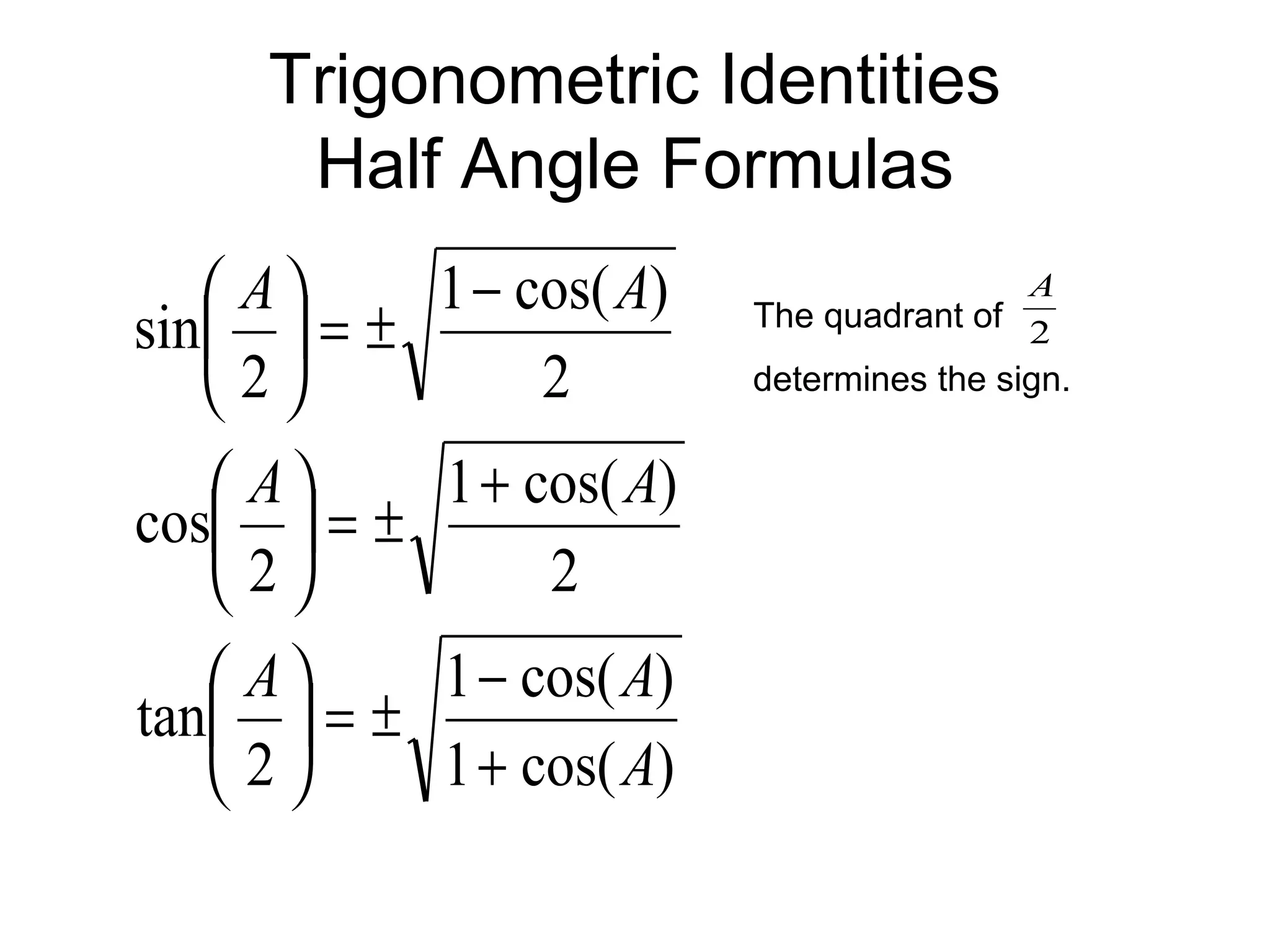 Trigonometric Identities
Half Angle Formulas
)cos(1
)cos(1
2
tan
2
)cos(1
2
cos
2
)cos(1
2
sin
A
AA
AA
AA
+
−
±=





+
±=





−
±=




 The quadrant of 2
A
determines the sign.
 