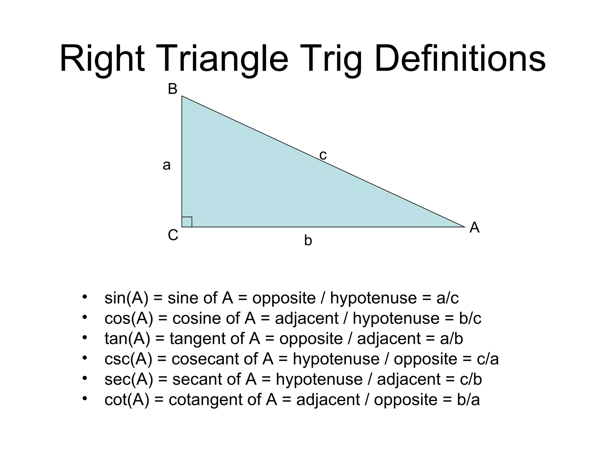 Right Triangle Trig Definitions
• sin(A) = sine of A = opposite / hypotenuse = a/c
• cos(A) = cosine of A = adjacent / hypotenuse = b/c
• tan(A) = tangent of A = opposite / adjacent = a/b
• csc(A) = cosecant of A = hypotenuse / opposite = c/a
• sec(A) = secant of A = hypotenuse / adjacent = c/b
• cot(A) = cotangent of A = adjacent / opposite = b/a
A
a
b
c
B
C
 