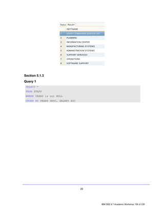 Section 5.1.3
Query 1
 SELECT *
 FROM STAFF
 WHERE YEARS is not NULL
 ORDER BY YEARS DESC, SALARY ASC




                                   29




                                        IBM DB2 9.7 Academic Workshop 156 of 335
 