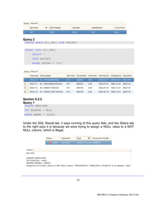 Query 2
 CREATE TABLE D11_PROJ LIKE PROJECT

 INSERT INTO D11_PROJ
      SELECT *
      FROM PROJECT
      WHERE DEPTNO = 'D11'




Section 5.2.2
Query 1
 UPDATE EMPLOYEE
 SET EDLEVEL = NULL
 WHERE EMPNO = 300001


Under the SQL Result tab, it says running of this query fails, and the Status tab
to the right says it is because we were trying to assign a NULL value to a NOT
NULL column, which is illegal.




                                       33




                                                      IBM DB2 9.7 Academic Workshop 160 of 335
 