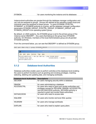 SYSMON                        for users monitoring the instance and its databases


Instance-level authorities are granted through the database manager configuration and
can only be assigned to groups. Groups are defined at the operating system level and
individual users are assigned to these groups. To grant SYSADM, SYSCTRL,
SYSMAINT, or SYSMON authority to a group, set the database manager configuration
parameters SYSADM_GROUP, SYSCTRL_GROUP, SYSMAINT_GROUP, and
SYSMON_GROUP to an operating system group.

By default, on UNIX systems, the SYSADM group is set to the primary group of the
instance owner DB2GRP1. Any users that belong to this group have SYSADM
authority. On Windows, members of the local Administrators group are all granted
SYSADM authority.

From the command below, you can see that DB2GRP1 is defined as SYSADM group.

db2 get dbm cfg | grep SYSADM_GROUP




5.1.2            Database-level Authorities

Database authorities enable users to perform activities at the database level enabling
the users to perform functions such as granting and revoking privileges, inserting,
selecting, deleting and updating data, and managing workloads.

Database-level Authorities    Descriptions
SECADM                        for users managing security within a database

DBADM                         for users administering a database
ACCESSCTRL                    for users who need to grant and revoke authorities and
                              privileges (except for SECADM, DBADM, ACCESSCTRL,
                              and DATAACCESS authority, SECADM authority is
                              required to grant and revoke these authorities)
DATAACCESS                    for users who need to access data

SQLADM                        for users who monitor and tune SQL queries

WLMADM                        for users who manage workloads

EXPLAIN                       for users who need to explain query plans




                                           11

                                                           IBM DB2 9.7 Academic Workshop 226 of 335
 