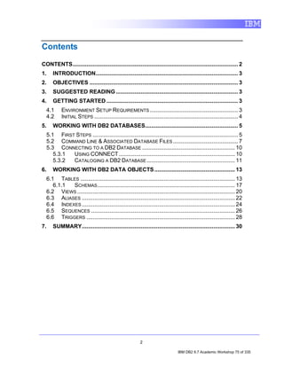 Contents

CONTENTS........................................................................................................... 2
1.      INTRODUCTION............................................................................................ 3
2.      OBJECTIVES ................................................................................................ 3
3.      SUGGESTED READING ............................................................................... 3
4.      GETTING STARTED ..................................................................................... 3
     4.1     ENVIRONMENT SETUP REQUIREMENTS ......................................................... 3
     4.2     INITIAL STEPS ............................................................................................. 4
5.      WORKING WITH DB2 DATABASES............................................................ 5
     5.1 FIRST STEPS .............................................................................................. 5
     5.2 COMMAND LINE & ASSOCIATED DATABASE FILES .......................................... 7
     5.3 CONNECTING TO A DB2 DATABASE ............................................................ 10
        5.3.1 USING CONNECT ........................................................................... 10
        5.3.2 CATALOGING A DB2 DATABASE ......................................................... 11
6.      WORKING WITH DB2 DATA OBJECTS .................................................... 13
     6.1 TABLES .................................................................................................... 13
        6.1.1 SCHEMAS ......................................................................................... 17
     6.2 VIEWS ...................................................................................................... 20
     6.3 ALIASES ................................................................................................... 22
     6.4 INDEXES ................................................................................................... 24
     6.5 SEQUENCES ............................................................................................. 26
     6.6 TRIGGERS ................................................................................................ 28
7.      SUMMARY................................................................................................... 30




                                                            2

                                                                                   IBM DB2 9.7 Academic Workshop 75 of 335
 