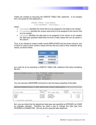 Tables are created by executing the CREATE TABLE SQL statement. In its simplest
form, the syntax for this statement is:

                      CREATE TABLE [TableName]
                         ([ColumnName] [DataType], ...)
where:
   • TableName identifies the name that is to be assigned to the table to be created.
   • ColumnName identifies the unique name that is to be assigned to the column that
       is to be created.
   • DataType identifies the data type to be assigned to the column to be created;
       the data type specified determines the kind of data values that can be stored in
       the column.

Thus, if you wanted to create a table named EMPLOYEES that has three columns, one
of which is used to store numeric values and two that are used to store character string
values, as shown below,


                                  Column           Type

                                  empid        INTEGER
                                  name         CHAR(50)
                                  Dept         CHAR(9)

you could do so by executing a CREATE TABLE SQL statement that looks something
like this:

db2inst1@db2rules:~> db2 "CREATE TABLE employees
                      (empid INTEGER,
                      name CHAR(50),
                      dept INTEGER)"

You can execute a DESCRIBE command to view the basic properties of the table:

db2inst1@db2rules:~> db2 describe table employees

                                  Data type                       Column
Column name                       schema      Data type name      Length     Scale Nulls
-------------------------------   ---------   ------------------- ---------- ----- -----
EMPID                             SYSIBM      INTEGER                      4     0 Yes
NAME                              SYSIBM      CHARACTER                   50     0 Yes
DEPT                              SYSIBM      INTEGER                      4     0 Yes

  3 record(s) selected.


But, now we notice that the department data type was specified as INTEGER not CHAR
as originally intended. Therefore we need a way to change this data type from
INTEGER to CHARACTER. We can do this using the alter statement.



                                              14

                                                             IBM DB2 9.7 Academic Workshop 87 of 335
 