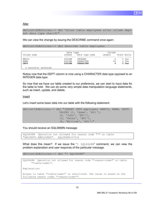 Alter

db2inst1@db2rules:~> db2 "alter table employees alter column dept
set data type char(9)"

We can view the change by issuing the DESCRIBE command once again:

db2inst1@db2rules:~> db2 describe table employees

                                    Data type                           Column
Column name                       schema      Data type name      Length     Scale Nulls
-------------------------------   ---------   ------------------- ---------- ----- -----
EMPID                             SYSIBM      INTEGER                      4     0 Yes
NAME                              SYSIBM      CHARACTER                   50     0 Yes
DEPT                              SYSIBM      CHARACTER                    9     0 Yes

  3 record(s) selected.


Notice now that the DEPT column is now using a CHARACTER data type opposed to an
INTEGER data type.

So now that we have our table created to our preference, we can start to input data for
the table to hold. We can do some very simple data manipulation language statements,
such as insert, update, and delete.

Insert

Let’s insert some basic data into our table with the following statement:

db2inst1@db2rules:~> db2 "INSERT INTO employees (EMPID, NAME, DEPT)
                       VALUES (1, 'Adam', 'A01 '),
                       (2, 'John', 'B01'),
                       (3, 'Peter', 'B01'),
                       (4, 'William', 'A01')"

You should receive an SQL0668N message:

SQL0668N Operation not allowed for reason code "7" on table
"DB2INST1.EMPLOYEES". SQLSTATE=57016

What does this mean? If we issue the “? SQL0668N” command, we can view the
problem explanation and user response of the particular message.

db2inst1@db2rules:~> db2 "? SQL0668N"

SQL0668N Operation not allowed for reason code "<reason-code>" on table
      "<table-name>".

Explanation:

Access to table "<table-name>" is restricted. The cause is based on the
following reason codes "<reason-code>":



                                              15

                                                              IBM DB2 9.7 Academic Workshop 88 of 335
 