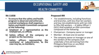 OCCUPATIONAL SAFETY AND
HEALTH COMMITTEE
RA 11058
• To ensure that the safety and health
program is observed and enforced,
covered workplaces shall organize a
Safety and Health Committee composed
of the following:
a) Employer or a representative as the
Chairperson, ex officio;
b) Safety officer of the company or
project as the Secretary;
c) Safety officers representing the
contractor or subcontractor, as the
case may be, as members;
Proposed IRR
• For establishments, including franchises
and branches, with less than ten workers
and low risk establishments with ten (10)
to fifty (50) workers. – A Safety Officer 1
(SO1) shall establish an OSH committee
composed of the following:
• Chairperson : Company owner or manager
• Member : At least one (1) worker
• The company owner or manager or one of
the workers of the company shall
undertake a first aid training from the
Philippine Red Cross or any DOLE
recognized organization.
 