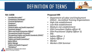 DEFINITION OF TERMS
RA 11058
• “Certified first-aider”
• “Competency Standards”
• “Covered Workplaces”
• “Employer”
• “Equipment”
• “General safety and health inspection”
• “Imminent danger”
• “Micro and Small Enterprises (MSEs)”
• “Occupational Health Personnel”
• “Occupational Safety and Health Standards (OSHS)”
• “Safety and Health Audit”
• “Safety and Health Committee”
• Safety Officer
• Safety Signage
• “Safety and Health Program”
• “Workplace”
Proposed IRR
• Department of Labor and Employment
(DOLE) - Accredited Training Organizations
• High-risk establishment
• Low-Risk establishment
• Medium-risk establishment
• OSH Consultant (Safety officer 4)
• OSH Practitioner (Safety Officer 3)
• PPE
• Safety Officer 1
• Safety Officer 2
• Worker
• Workers OSH Seminar
 