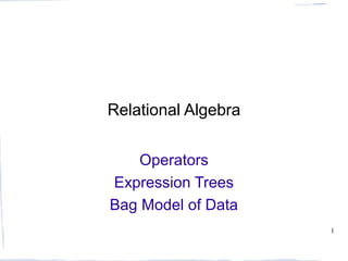Relational Algebra


    Operators
Expression Trees
Bag Model of Data
                     1
 