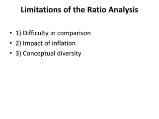 Limitations of the Ratio Analysis
• 1) Difficulty in comparison
• 2) Impact of inflation
• 3) Conceptual diversity
 