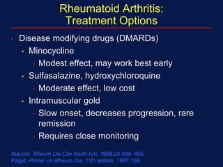 Rheumatoid Arthritis:
Treatment Options
• Disease modifying drugs (DMARDs)
• Minocycline
• Modest effect, may work best early
• Sulfasalazine, hydroxychloroquine
• Moderate effect, low cost
• Intramuscular gold
• Slow onset, decreases progression, rare
remission
• Requires close monitoring
Alarcon. Rheum Dis Clin North Am. 1998;24:489–499.
Paget. Primer on Rheum Dis. 11th edition. 1997:168.
 