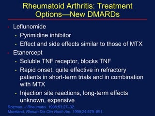 Rheumatoid Arthritis: Treatment
Options—New DMARDs
• Leflunomide
• Pyrimidine inhibitor
• Effect and side effects similar to those of MTX
• Etanercept
• Soluble TNF receptor, blocks TNF
• Rapid onset, quite effective in refractory
patients in short-term trials and in combination
with MTX
• Injection site reactions, long-term effects
unknown, expensive
Rozman. J Rheumatol. 1998;53:27–32.
Moreland. Rheum Dis Clin North Am. 1998;24:579–591.
 