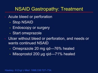 Hawkey. N Engl J Med. 1998;338:727–734.
NSAID Gastropathy: Treatment
• Acute bleed or perforation
• Stop NSAID
• Endoscopy or surgery
• Start omeprazole
• Ulcer without bleed or perforation, and needs or
wants continued NSAID
• Omeprazole 20 mg qd—76% healed
• Misoprostol 200 µg qid—71% healed
 