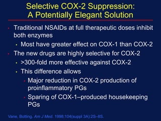 Selective COX-2 Suppression:
A Potentially Elegant Solution
• Traditional NSAIDs at full therapeutic doses inhibit
both enzymes
• Most have greater effect on COX-1 than COX-2
• The new drugs are highly selective for COX-2
• >300-fold more effective against COX-2
• This difference allows
• Major reduction in COX-2 production of
proinflammatory PGs
• Sparing of COX-1–produced housekeeping
PGs
Vane, Botting. Am J Med. 1998;104(suppl 3A):2S–8S.
 