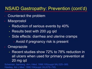 NSAID Gastropathy: Prevention (cont’d)
• Counteract the problem
• Misoprostol
• Reduction of serious events by 40%
• Results best with 200 µg qid
• Side effects: diarrhea and uterine cramps
• Avoid if pregnancy risk is present
• Omeprazole
• Recent studies show 72% to 78% reduction in
all ulcers when used for primary prevention at
20 mg qd
Scheiman, Isenberg. Am J Med. 1998;105(suppl 5A):32S–38S.
Hawkey. Am J Med. 1998;104(suppl 3A):67S–74S.
 