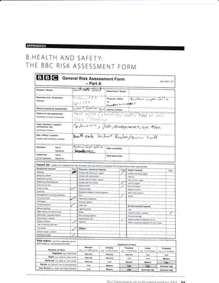 B HEALTH AN
THE BBC RISK
D SAFETY:
ASSESSMENT FORM
tr! EI EI Generar Risk Assessment
- Part A
Lb"ul snP
Producer / Editor
Tel;
tvtouief+v Tlrf(
4osh-ro C.;f-
Outline of risk assessment
Summary of wl)al 6 proposed
rvt€ srtof {E&
ttui, /":+andirorttui, /*+an*i
Team members / expefis ,
contractors / etc.
List tho9e involvad
5l^,-a*u/JrW@
Site/Office/Location
Outline site/ lacalions tnvolved aV/D,nc-. l-
g Gdd athers *n"r" urffi
Contact with cold liqu d / vapour
Contaci wth hot tiqurd / vapour
Exploslve release of stored pressure
Wasle substance released into atr
Waste substance released lnto sorl / water
RiSk matf iX - use ths to ditertuine riak tor
each hazatd t e how bad and ha|| tikaly,
Likolihood of Harm
Severity of Harm
Remote
o.g <1 in 10AA chance
Unlikely
e 9 1 i] 200 chance
Possible
ag lfiSAchance
Likely
ag ltnl0chance
Probablo
e g >1 jn 3 chance
Negligibls e.g sma// br!/ss
Slight €g sma//cut deeobruise
Medlum
Moderate € 9 oaep cut, tofi muscle
MBdium Modium Hlqh
Severe e.9. lracir16, /oss ofcorsc/ousress Modium
"
Hlgh
Hloh
Extromoly high
Vory Severe e g death permanent d$abltity Medlum Extromoly high Extromely hlgh
NUI Cornmission on mrlti-mprii: rrrnrl,inn loo / Ea
Asbestos ,,, D sease causative ageot
Conlact w(h cold suilace
Atlacleo by an ma
Lack ol food / water
Contact wth hot suilace
E ectrrc shock
Crush by load Explosive blasl Repetitive acnon
Orownrng
Slatc body posture
Entanglement tn movrng machtnery Fire Sfess
Hot efv ronment HazaTdous suDstance
lntim dation lon zrng rad aton
Lrftrrg Eq!rpment Laser lLght
Environmental hazards
I4an!al handl ng Lrghlnrng str*e L tter
Noise Nursance norse / vlbralon
Obstructron / exposed leature Non- onrztoa rad at on
Sha.p obiect/ materal Skoboscoprc ilght
Sl ppery surface Vib.alron
Trap n mov ng mach nery
Trp haza.d Other
Vehicle rmpact / co isron
Workifg at hetght
|lldh
 