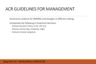 ACR GUIDELINES FOR MANAGEMENT
Summarize evidence for DMARDs and biologics in different settings
Incorporate the following in treatment decisions
◦ Disease duration (<6mo, 6-24, >24 mo)
◦ Disease activity (low, moderate, high)
◦ Features of poor prognosis
Saag KG et al. Arthritis Rheum 2008;59:762
 
