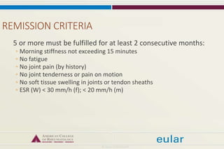 REMISSION CRITERIA
5 or more must be fulfilled for at least 2 consecutive months:
◦ Morning stiffness not exceeding 15 minutes
◦ No fatigue
◦ No joint pain (by history)
◦ No joint tenderness or pain on motion
◦ No soft tissue swelling in joints or tendon sheaths
◦ ESR (W) < 30 mm/h (f); < 20 mm/h (m)
 