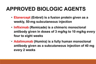 APPROVED BIOLOGIC AGENTS
• Etanercept (Enbrel) is a fusion protein given as a
weekly, 50-mg subcutaneous injection
• Infliximab (Remicade) is a chimeric monoclonal
antibody given in doses of 3 mg/kg to 10 mg/kg every
four to eight weeks
• Adalimumab (Humira) is a fully human monoclonal
antibody given as a subcutaneous injection of 40 mg
every 2 weeks
 