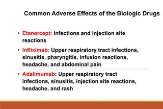 Common Adverse Effects of the Biologic Drugs
• Etanercept: Infections and injection site
reactions
• Infliximab: Upper respiratory tract infections,
sinusitis, pharyngitis, infusion reactions,
headache, and abdominal pain
• Adalimumab: Upper respiratory tract
infections, sinusitis, injection site reactions,
headache, and rash
 