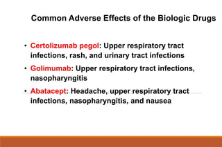 Common Adverse Effects of the Biologic Drugs
• Certolizumab pegol: Upper respiratory tract
infections, rash, and urinary tract infections
• Golimumab: Upper respiratory tract infections,
nasopharyngitis
• Abatacept: Headache, upper respiratory tract
infections, nasopharyngitis, and nausea
 