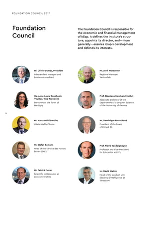 FOUNDATION COUNCIL 2017
Foundation
Council
The Foundation Council is responsible for
the economic and financial management
of Idiap. It defines the Institute’s struc-
ture, appoints its director, and—more
generally—ensures Idiap’s development
and defends its interests.
Mr. Olivier Dumas, President
Independent manager and
business consultant
Mr. Patrick Furrer
Scientific collaborator at
swissuniversities
Ms. Anne-Laure Couchepin
Vouilloz, Vice-President
President of the Town of
Martigny
Mr. Jordi Montserrat
Regional Manager
Venturelab
Prof. Stéphane Marchand-Maillet
Associate professor at the
Department of Computer Science
of the University of Geneva
Mr. Dominique Perruchoud
President of the Board
of Cimark SA
Prof. Pierre Vandergheynst
Professor and Vice-President
for Education at EPFL
Mr. David Watrin
Head of the product unit
Security & Intelligence at
Swisscom
Mr. Marc-André Berclaz
Valais–Wallis Cluster
Mr. Stefan Bumann
Head of the Service des Hautes
Ecoles (SHE)
14
 
