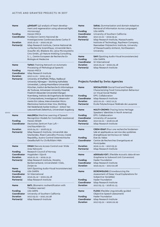 Name 	 4DHEART (4D analysis of heart develop-
ment and regeneration using advanced light
microscopy)
Funding 	H2020-MSCA
Coordinator 	 Fundacion Centro Nacional de
Investigaciones Cardiovasculares Carlos Iii
Duration 	 2016.10.01 - 2020.09.30
Partner(s) 	 Idiap Research Institute, Centre National de
La Recherche Scientifique, Universität Bern,
Acquifer AG, Bitplane AG, Leica Microsystems
Cms Gmbh, 4D-Nature ImAGing Consulting,
S. L., Centre Europeen de Recherche En
Biologie et Medecine
		
Name 	 TAPAS (Training Network on Automatic
Processing of PAthological Speech)
Funding 	H2020-MSCA
Coordinator	 Idiap Research Institute
Duration 	 2017.11.01 - 2021.10.31
Partner(s) 	 University of Sheffield, Philips, Radboud
University Nijmegen - Stichting Katholieke
Universiteit, Ludwig-Maximilians-Universität
München, Institut de Recherche En Informatique
de Toulouse, Antwerpen University Hospital,
Friedrich-Alexander-Universität Erlangen
Nuernberg, Instituto de Engenharia de Sistemas
E Computadores, Investigacao E desenvolvi-
mento Em Lisboa, Interuniversitair Micro-
Electronica Centrum Imec Vzw, Stichting
Het Nederlands Kanker Instituut - Antoni Van
Leeuwenhoek Ziekenhuis, Universitaet Augsburg
		
Name 	 MALORCA (Machine Learning of Speech
Recognition Models for Controller Assistance)
Funding 	 H2020-SESAR
Coordinator 	 Deutsches Zentrum Fuer Luft -
Und Raumfahrt Ev
Duration 	 2016.04.01 - 2018.03.31
Partner(s) 	 Idiap Research Institute, Universität des
SAarlandes, Rízení Letového Provozu Ceské
Republiky, Austro Control Osterreichische
Gesellschaft Fur Zivilluftfahrt Mbh
		
Name 	 SWAN (Secure Access Control over Wide
Area Network)
Funding 	 Research Council of Norway
Coordinator 	 Hogskolen I Gjovik
Duration 	 2016.01.01 - 2019.12.31
Partner(s) 	 Idiap Research Institute, Morpho,
Bankenverband, Universitetet I Oslo,
Zwipe As
Name 	 SAVI (Spotting Audio-Visual Inconsistencies)
Funding 	 USA DARPA
Coordinator 	 Sri International
Duration 	 2016.05.19 - 2020.05.18
Partner(s) 	 Idiap Research Institute
		
Name 	 BATL (Biometric Authentification with
Timeless Learner)
Funding 	 USA IARPA
Coordinator 	 University of Southern California
Duration 	 2017.03.01 - 2021.02.28
Partner(s) 	 Idiap Research Institute
ACTIVE AND GRANTED PROJECTS IN 2017
Projects Funded by Swiss Agencies
Name 	 SOCIALFOOD (Social Food and People:
Characterizing Food Consumption Behaviour
on Visual Social Media)
Funding 	 EPFL Collaboration
Coordinator	 Idiap Research Institute
Duration 	 2017.01.01 - 2017.12.31
Partner(s) 	 École Polytechnique Fédérale de Lausanne
		
Name 	 MULTI-CROWD (Tracing Swiss Heritage
Speakers’ Identities in North America)
Funding 	 EPFL Collaboration
Coordinator 	 University of Lausanne
Duration 	 2017.02.01 - 2018.02.28
Partner(s) 	 Idiap Research Institute
		
Name 	 CREM-IDIAP (Pour une recherche fondamen-
tale et appliquée au service des systèmes
énergétiques territoriaux en Valais)
Funding 	 Etat du Valais
Coordinator 	 Centre de Recherches Energetiques et
Municipales
Duration 	 2016.11.01 - 2017.03.31
Partner(s) 	 Idiap Research Institute
		
Name 	 ADDG2SU-EXT. (Flexible Acoustic data-driven
Grapheme to Subword Unit Conversion)
Funding 	 Hasler Foundation
Coordinator 	 Idiap Research Institute
Duration 	 2016.03.01 - 2017.02.28
		
Name 	 DCROWDLENS (Crowdsourcing the
Assessment of Deep Visual Explanations for
Subjective Variables)
Funding 	 Hasler Foundation
Coordinator 	 Idiap Research Institute
Duration 	 2017.05.15 - 2018.01.15
		
Name 	 FLOSS (Flexible Linguistically-guided
Objective Speech aSessment)
Funding 	 Hasler Foundation
Coordinator 	 Idiap Research Institute
Duration 	 2017.03.01 - 2020.02.29
Name 	 SARAL (Summarization and domain-Adaptive
Retrieval of Information Across Languages)
Funding 	 USA IARPA
Coordinator 	 University of Southern California
Duration 	 2017.10.01 - 2019.03.31
Partner(s) 	 Idiap Research Institute, Massachusetts
Institute of Technology, Raytheon Company,
Reenselaer Polytechnic Institute, University
of Massachusetts Amherst, Northeastern
University
		
Name 	 SAVI (Spotting Audio-Visual Inconsistencies)
Funding	 USA DARPA
Coordinator	 Sri International
Duration	 2016.05.19 - 2020.05.18
Partner(s)	 Idiap Research Institute
XXVIII
 