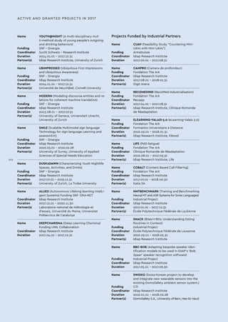 Name 	 YOUTH@NIGHT (A multi-disciplinary mul-
ti-method study of young people’s outgoing
and drinking behaviors)
Funding 	 SNF - Sinergia
Coordinator 	 Sucht Schweiz - Research Institute
Duration 	 2014.01.01 - 2017.12.31
Partner(s) 	 Idiap Research Institute, University of Zurich
		
Name 	 UBIMPRESSED (Ubiquitous First Impressions
and Ubiquitous Awareness)
Funding	 SNF - Sinergia
Coordinator 	 Idiap Research Institute
Duration 	 2014.01.01 - 2017.12.31
Partner(s) 	 Université de Neuchâtel, Cornell University
		
Name 	 MODERN (Modeling discourse entities and re-
lations for coherent machine translation)
Funding 	 SNF - Sinergia
Coordinator 	 Idiap Research Institute
Duration 	 2013.08.01 - 2017.07.31
Partner(s)	 University of Geneva, Universiteit Utrecht,
University of Zurich
		
Name 	 SMILE (Scalable Multimodal sign language
Technology for sIgn language Learning and
assessmEnt)
Funding 	 SNF - Sinergia
Coordinator 	 Idiap Research Institute
Duration 	 2016.03.01 - 2019.02.28
Partner(s) 	 University of Surrey, University of Applied
Sciences of Special Needs Education
		
Name 	 DUSK2DAWN (Characterizing Youth Nightlife
Spaces, Activities, and Drinks)
Funding 	 SNF - Sinergia
Coordinator 	 Idiap Research Institute
Duration 	 2017.07.01 - 2019.12.31
Partner(s) 	 University of Zurich, La Trobe University
		
Name 	 ALLIES (Autonomous Lifelong learnIng intelLi-
gent Systems) Funding SNF -ERA-NET
Coordinator 	 Idiap Research Institute
Duration 	 2017.12.01 - 2020.11.30
Partner(s) 	 Laboratoire national de métrologie et
d’essais, Université du Maine, Universitat
Politecnica de Catalunya
		
Name 	 DEEPCHARISMA (Deep Learning Charisma)
Funding UNIL Collaboration
Coordinator 	 Idiap Research Institute
Duration 	 2017.04.01 - 2017.12.31
Projects Funded by Industrial Partners
Name 	 CUAV (Feasibility Study "Countering Mini-
UAVs with Mini-UAVs")
Funding 	 ArmaSuisse
Coordinator 	 Idiap Research Institute
Duration 	 2017.06.01 - 2017.08.31
		
Name 	 CAMPRO (Camera de profondeur)
Funding 	 Fondation The Ark
Coordinator 	 Idiap Research Institute
Duration 	 2017.08.01 - 2018.01.31
Partner(s)	 Digit Arena
		
Name 	 RECOMEDIND (RecoMed Industrialisation)
Funding 	 Fondation The Ark
Coordinator 	 Recapp
Duration 	 2017.04.01 - 2017.08.31
Partner(s) 	 Idiap Research Institute, Clinique Romande
de Réadaptation
		
Name 	 ELEARNING-VALAIS-3.0 (eLearning-Valais 3.0)
Funding 	 Fondation The Ark
Coordinator 	 Formation Universitaire à Distance
Duration 	 2016.03.01 - 2018.01.31
Partner(s) 	 Idiap Research Institute, Klewel
		
Name 	LIFE (PdG-fatigue)
Funding 	 Fondation The Ark
Coordinator 	 Clinique Romande de Réadaptation
Duration 	 2016.08.01 - 2017.03.31
Partner(s) 	 Idiap Research Institute, Life
		
Name 	 COBALT (Content Based Call Filtering)
Funding 	 Fondation The Ark
Coordinator 	 Idiap Research Institute
Duration 	 2017.07.01 - 2018.06.30
Partner(s) 	 Katia SA
		
Name 	 NMTBENCHMARK (Training and Benchmarking
Neural MT and ASR Systems for Swiss Languages)
Funding 	 Industrial Project
Coordinator 	 Idiap Research Institute
Duration 	 2017.01.01 - 2017.12.31
Partner(s) 	 École Polytechnique Fédérale de LauSAnne
		
Name 	 SNACK (Bites’n’Bits: Understanding Eating
Routines in Context)
Funding 	 Industrial Project
Coordinator 	 École Polytechnique Fédérale de Lausanne
Duration 	 2016.03.01 - 2018.05.31
Partner(s) 	 Idiap Research Institute
		
Name 	 BBC-BOB (Adapting bespoke speaker iden-
tification models to be used in IDIAP’s ’Bob.
Spear’ speaker recognition software)
Funding 	 Industrial Project
Coordinator 	 Idiap Research Institute
Duration 	 2017.05.01 - 2017.06.30
		
Name 	 SWISKO (Swiss-Korean project to develop
and integrate new wearable sensors into the
existing DomoSafety ambient sensor system.)
Funding 	 CTI
Coordinator 	 Idiap Research Institute
Duration 	 2016.01.01 - 2018.02.28
Partner(s) 	 DomoSafety S.A., University of Bern, Hes-So Vaud
ACTIVE AND GRANTED PROJECTS IN 2017
XXX
 
