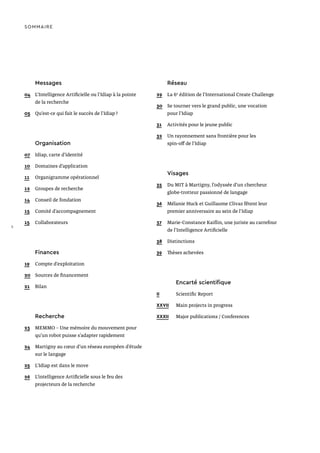 Messages
04	 L'Intelligence Artificielle ou l’Idiap à la pointe
	 de la recherche
05	 Qu’est-ce qui fait le succès de l’Idiap ?
	Organisation
07	 Idiap, carte d’identité
10	 Domaines d’application
11	 Organigramme opérationnel
12	 Groupes de recherche
14	 Conseil de fondation
15	 Comité d’accompagnement
15	Collaborateurs
	Finances
19	 Compte d’exploitation
20	 Sources de financement
21	Bilan
	Recherche
23	 MEMMO – Une mémoire du mouvement pour
	 qu’un robot puisse s’adapter rapidement
24	 Martigny au cœur d’un réseau européen d’étude
	 sur le langage
25	 L’Idiap est dans le move
26	 L’intelligence Artificielle sous le feu des
	 projecteurs de la recherche
SOMMAIRE
	Réseau
29	 La 6e
édition de l’International Create Challenge
30	 Se tourner vers le grand public, une vocation
	 pour l’Idiap
31	 Activités pour le jeune public
32	 Un rayonnement sans frontière pour les
	 spin-off de l’Idiap
	Visages
35	 Du MIT à Martigny, l’odyssée d’un chercheur
	 globe-trotteur passionné de langage
36	 Mélanie Huck et Guillaume Clivaz fêtent leur
	 premier anniversaire au sein de l’Idiap
37	 Marie-Constance Kaiflin, une juriste au carrefour
	 de l’Intelligence Artificielle
38	Distinctions
39	 Thèses achevées
		 Encarté scientifique
II		 Scientific Report
XXVII	 Main projects in progress
XXXII	 Major publications / Conferences
2
 