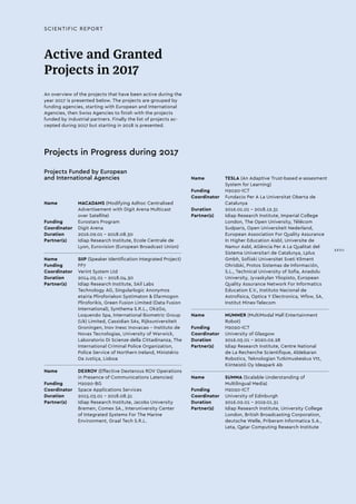 Active and Granted
Projects in 2017
An overview of the projects that have been active during the
year 2017 is presented below. The projects are grouped by
funding agencies, starting with European and International
Agencies, then Swiss Agencies to finish with the projects
funded by industrial partners. Finally the list of projects ac-
cepted during 2017 but starting in 2018 is presented.
Projects in Progress during 2017
Projects Funded by European
and International Agencies
SCIENTIFIC REPORT
Name 	 MACADAMS (Modifying Adhoc Centralised
Advertisement with Digit Arena Multicast
over Satellite)
Funding 	 Eurostars Program
Coordinator 	 Digit Arena
Duration 	 2016.09.01 - 2018.08.30
Partner(s) 	 Idiap Research Institute, Ecole Centrale de
Lyon, Eurovision (European Broadcast Union)
		
Name 	 SIIP (Speaker Identification Integrated Project)
Funding 	FP7
Coordinator 	 Verint System Ltd
Duration 	 2014.05.01 - 2018.04.30
Partner(s) 	 Idiap Research Institute, SAil Labs
Technology AG, Singularlogic Anonymos
etairia Pliroforiakon Systimaton  Efarmogon
Pliroforikis, Green Fusion Limited (Data Fusion
International), Synthema S.R.L., Ok2Go,
Loquendo Spa, International Biometric Group
(Uk) Limited, Cassidian SAs, Rijksuniversiteit
Groningen, Inov Inesc Inovacao - Instituto de
Novas Tecnologias, University of Warwick,
Laboratorio Di Scienze della Cittadinanza, The
International Criminal Police Organization,
Police Service of Northern Ireland, Ministério
Da Justiça, Lisboa
		
Name 	 DEXROV (Effective Dexterous ROV Operations
in Presence of Communications Latencies)
Funding 	H2020-BG
Coordinator 	 Space Applications Services
Duration 	 2015.03.01 - 2018.08.31
Partner(s) 	 Idiap Research Institute, Jacobs University
Bremen, Comex SA., Interuniversity Center
of Integrated Systems For The Marine
Environment, Graal Tech S.R.L.
Name 	 TESLA (An Adaptive Trust-based e-assesment
System for Learning)
Funding 	H2020-ICT
Coordinator 	 Fundacio Per A La Universitat Oberta de
Catalunya
Duration 	 2016.01.01 - 2018.12.31
Partner(s) 	 Idiap Research Institute, Imperial College
London, The Open University, Télécom
Sudparis, Open Universiteit Nederland,
European Association For Quality Assurance
In Higher Education Aisbl, Universite de
Namur Asbl, AGència Per A La Qualitat del
Sistema Universitari de Catalunya, Lplus
Gmbh, Sofiiski Universitet Sveti Kliment
Ohridski, Protos Sistemas de Información,
S.L., Technical University of Sofia, Anadolu
University, Jyvaskylan Yliopisto, European
Quality Assurance Network For Informatics
Education E.V., Instituto Nacional de
Astrofisica, Optica Y Electronica, Wfsw, SA,
Institut Mines-Telecom
		
Name 	 MUMMER (MultiModal Mall Entertainment
Robot)
Funding 	 H2020-ICT
Coordinator 	 University of Glasgow
Duration 	 2016.03.01 - 2020.02.28
Partner(s) 	 Idiap Research Institute, Centre National
de La Recherche Scientifique, Aldebaran
Robotics, Teknologian Tutkimuskeskus Vtt,
Kiinteistö Oy Ideapark Ab
		
Name 	 SUMMA (Scalable Understanding of
Multilingual Media)
Funding 	H2020-ICT
Coordinator 	 University of Edinburgh
Duration 	 2016.02.01 - 2019.01.31
Partner(s) 	 Idiap Research Institute, University College
London, British Broadcasting Corporation,
deutsche Welle, Priberam Informatica S.A.,
Leta, Qatar Computing Research Institute
XXVII
 