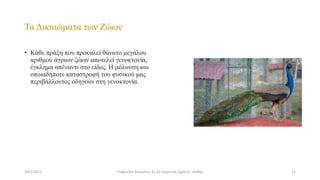 Τα Δικαιώματα των Ζώων
• Κάθε πράξη που προκαλεί θάνατο μεγάλου
αριθμού άγριων ζώων αποτελεί γενοκτονία,
έγκλημα απέναντι στο είδος. Η μόλυνση και
οποιαδήποτε καταστροφή του φυσικού μας
περιβάλλοντος οδηγούν στη γενοκτονία.
24/1/2021 12
Ραφαηλία Ασημίδου Ε1 2ο Δημοτικό Σχολείο Ξάνθης
 