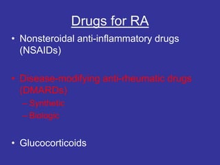 Drugs for RA
• Nonsteroidal anti-inflammatory drugs
(NSAIDs)
• Disease-modifying anti-rheumatic drugs
(DMARDs)
– Synthetic
– Biologic
• Glucocorticoids
 