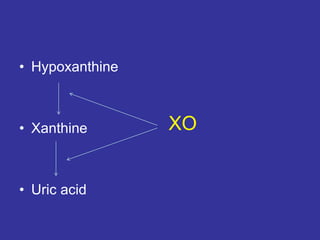 • Hypoxanthine
• Xanthine
• Uric acid
XO
 