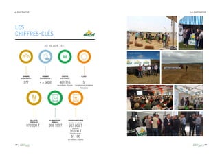 24 25
LA COOPÉRATIVE LA COOPÉRATIVE
LES
CHIFFRES-CLÉS
5e
coopérative céréalière
française
305 700 T
377
970 000 T
Nutrition des plantes :
257 000 T
Semences :
20 000 T
Santé des plantes :
61 100
en milliers d’euros
NOMBRE
DE SALARIÉS :
NOMBRE
D’ADHÉRENTS :
PLACECHIFFRE
D’AFFAIRES :
ALIMENTATION
ANIMALE
COLLECTE
CÉRÉALES
AGROFOURNITURES
AU 30 JUIN 2017
T E C H N I D A Y
P L A I N E E N F Ê T E
A S S E M B L É E D E S E C T I O N
T E C H N I D A Y
F O I R E D E L A C A P E L L E
T E R R E E N F O L I E
Q U A L I P O M
+ de 6000 461 716
en milliers d’euros
 