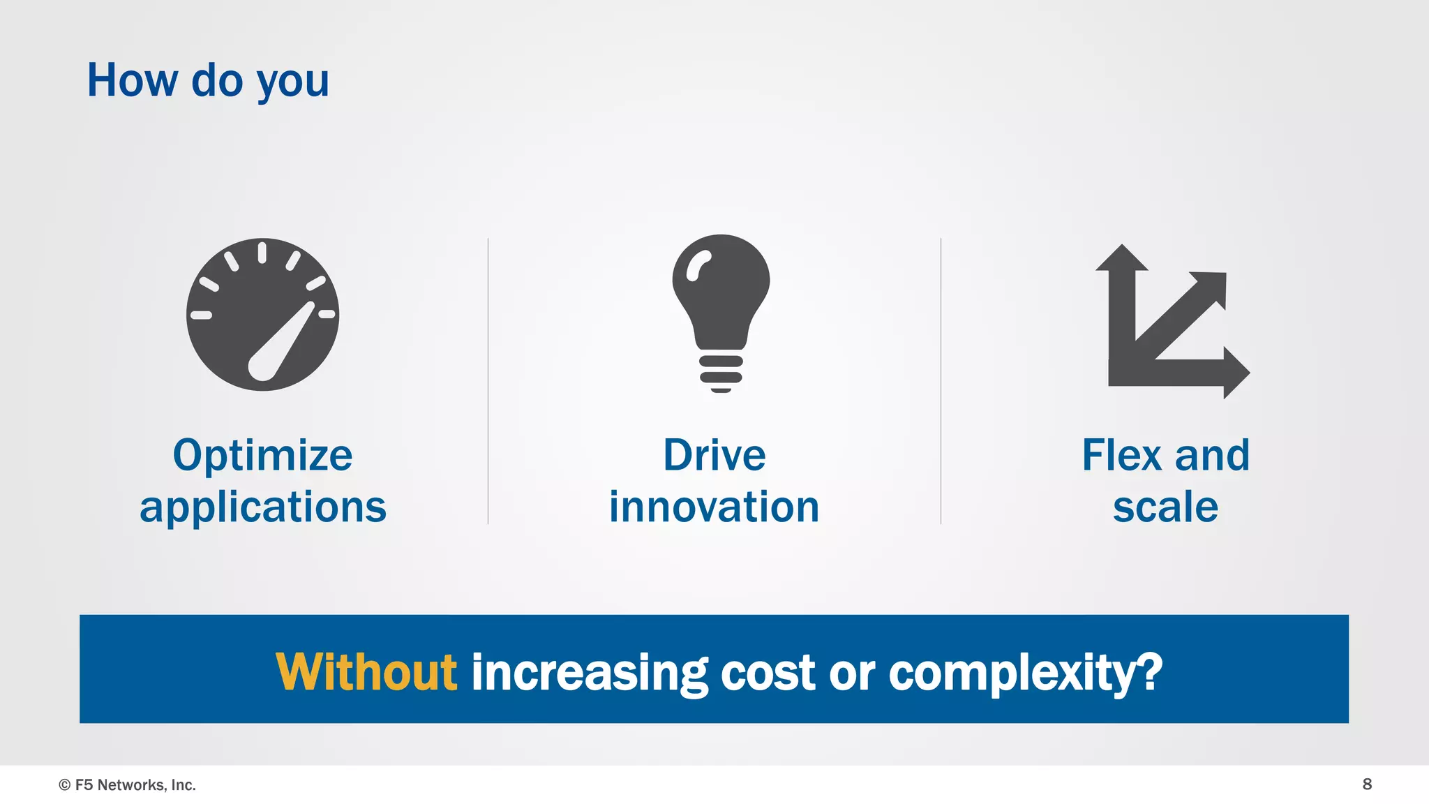 © F5 Networks, Inc. 8
How do you
Drive
innovation
Flex and
scale
Optimize
applications
Without increasing cost or complexity?
 