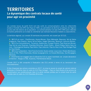 TERRITOIRES
La dynamique des contrats locaux de santé
pour agir en proximité
31
Les contrats locaux de santé (CLS) sont des outils de contractualisation entre les collectivités
locales à l’échelle des EPCI (les Pays) et l’ARS, qui permettent de décliner la politique de l’Agence
au plus près des besoins de la population. La contractualisation de base EPCI /ARS peut s’étendre
à d’autres partenaires sur la base du volontariat (par exemple Assurance maladie ou associations).
Le territoire régional, qui compte 35 territoires de proximité, est couvert par 32 CLS.
	 ◆	 10 CLS en cours : Chatillonnais, Auxois-Morvan, Dijon Métropole, Beaunois, Val de Saône
	 Vingeanne, Pays Graylois, Vesoul Val de Saône, Vosges Saônoises, Besançon, Autunois Morvan,
	 ◆	 12 CLS en renouvellement : Tonnerrois, Avallonnais, Puisaye-Forterre, Pays Nivernais Morvan,
	 Pays Val de Loire Nivernais, Charollais Brionnais, Grand Chalon, Arbois Poligny Salins Cœur du
	 Jura – Champagnole Nozeroy, Pays Dolois, Pays Lédonien, Pays du Haut Jura, Pays Horloger-Pays
	 du Haut Doubs,
	 ◆	 10 CLS en préparation : Nord Franche-Comté, Doubs central, Loue-Lison, Riolais-Montbozon,
	 Seine et Tille, Plaine Dijonnaise, Bresse bourguignonne, Le Creusot-Montceau, Sud Bourgogne,
	Sénonais,
	 ◆	 3 territoires non engagés dans la démarche CLS ou ayant manifesté une simple déclaration
	 d'intention : Norges et Tille, Auxerrois, Pierrefontaine-Vercel.
L’année 2017 a été consacrée à l'évaluation des CLS arrivés à terme et au lancement des
renouvellements.
à titre d’exemple des actions conduites en 2017 : la mise en œuvre du projet de cabinet médical
éphémère à Pontarlier dans le cadre du CLS Pays horloger – Pays du Haut-Doubs et les actions de
sensibilisation aux problématiques liées à la santé mentale portées par le conseil local de santé
mentale dans le cadre du CLS Charollais Brionnais.
 
