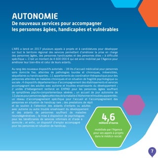 AUTONOMIE
De nouveaux services pour accompagner
les personnes âgées, handicapées et vulnérables
7
L’ARS a lancé en 2017 plusieurs appels à projets et à candidatures pour développer
sur tout le territoire régional des services permettant d’améliorer la prise en charge
des personnes âgées, des personnes handicapées et des personnes dites « à difficulté
spécifique ». C’est un montant de 4 600 000 € qui est ainsi mobilisé par l’Agence pour
améliorer leur bien-être et celui de leurs aidants.
Au rang des nouveaux dispositifs autorisés : 18 lits d’accueil médicalisé pour personnes
sans domicile fixe, atteintes de pathologies lourdes et chroniques, irréversibles,
séquellaires ou handicapantes ; 11 appartements de coordination thérapeutique pour des
personnes atteintes de maladies chroniques et en situation de fragilité psychologique ou
sociale ; 4 dispositifs départementaux d’accompagnement des établissements et services
accompagnant des adultes avec autisme et troubles envahissants du développement ;
2 unités d’hébergement renforcé en EHPAD pour les personnes âgées souffrant
de symptômes psycho-comportementaux sévères ; un accueil de jour autonome de
12placespourpersonnesâgéesatteintesdelamaladied’Alzheimerettroublesapparentés;
un réseau d’accompagnement spécifique pour l’accueil et l’accompagnement des
personnes en situation de handicap rare ; des prestations de répit
et de soutien à l’attention des aidants d’enfants ou adultes
avec autisme ou autre trouble envahissant du développement
et des aidants de personnes souffrant de maladies
neurodégénératives ; la mise à disposition de psychologues
pour les bénéficiaires de services infirmiers et d’aide à
domicile ; et enfin, un dispositif d’emploi accompagné
pour les personnes en situation de handicap.
4,6millions d’euros
mobilisés par l’Agence
pour ses appels à projets
dans le médico-social.
 