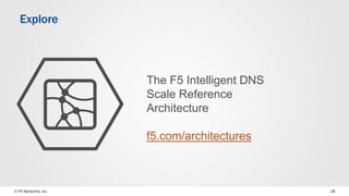 © F5 Networks, Inc 18
The F5 Intelligent DNS
Scale Reference
Architecture
f5.com/architectures
Explore
 