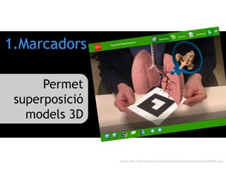 Permet
superposició
models 3D
Imatge: http://www.aumentaty.com/sites/default/files/styles/large/public/SM800.png
1.Marcadors
 