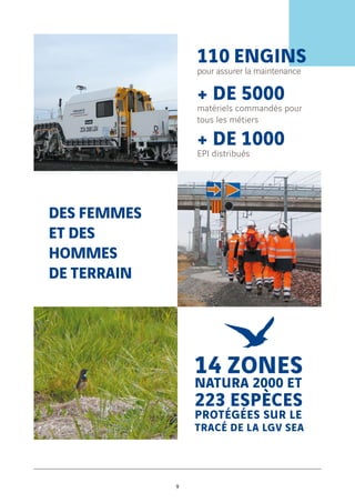 DES FEMMES
ET DES
HOMMES
DE TERRAIN
14 ZONES
NATURA 2000 ET
223 ESPÈCES
PROTÉGÉES SUR LE
TRACÉ DE LA LGV SEA
9
110 ENGINS
pour assurer la maintenance
+ DE 5000
matériels commandés pour
tous les métiers
+ DE 1000
EPI distribués
 