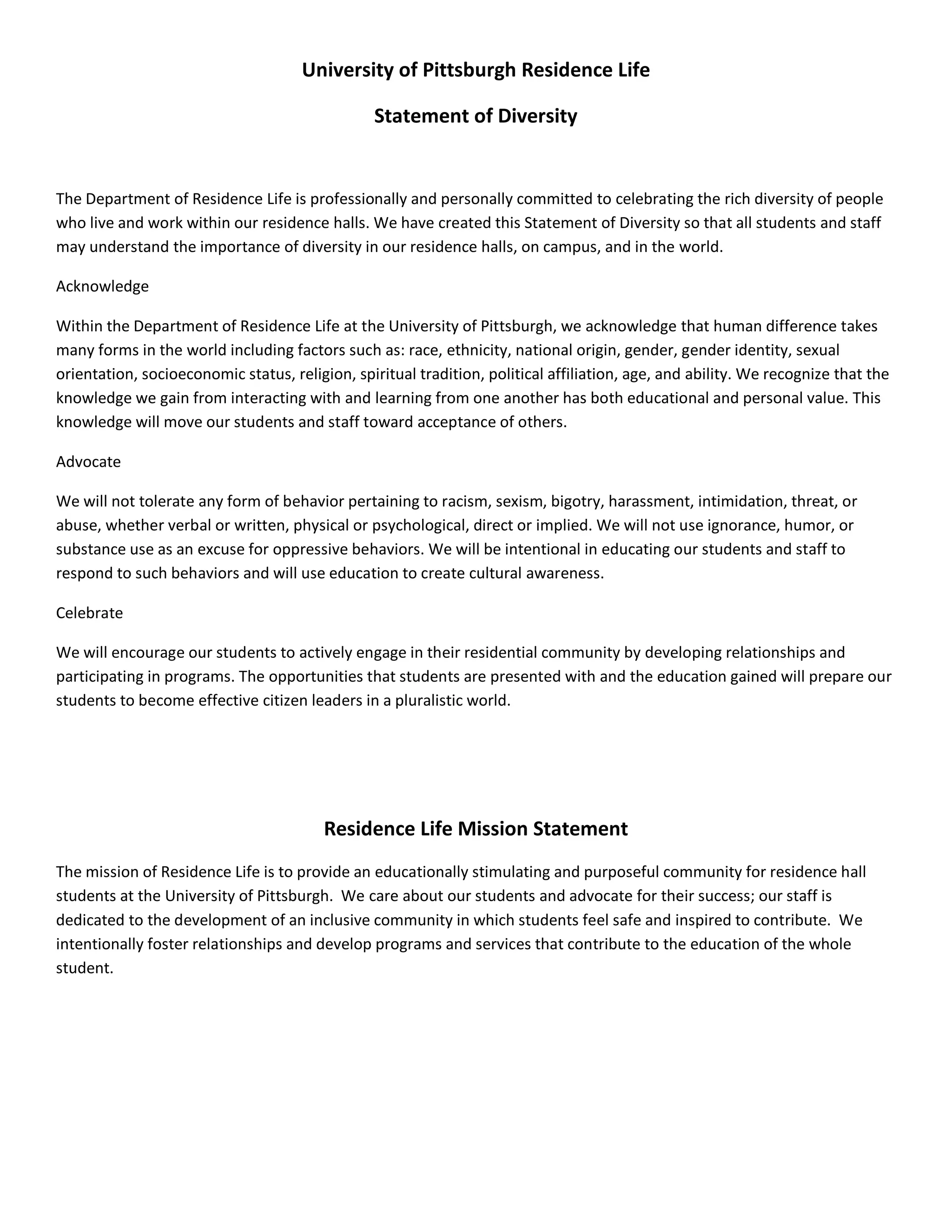 Ra position, description and residence life statement of Udiversity | PDF