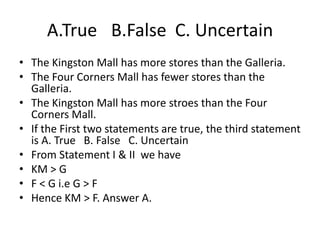 A.True B.False C. Uncertain
• The Kingston Mall has more stores than the Galleria.
• The Four Corners Mall has fewer stores than the
Galleria.
• The Kingston Mall has more stroes than the Four
Corners Mall.
• If the First two statements are true, the third statement
is A. True B. False C. Uncertain
• From Statement I & II we have
• KM > G
• F < G i.e G > F
• Hence KM > F. Answer A.
 